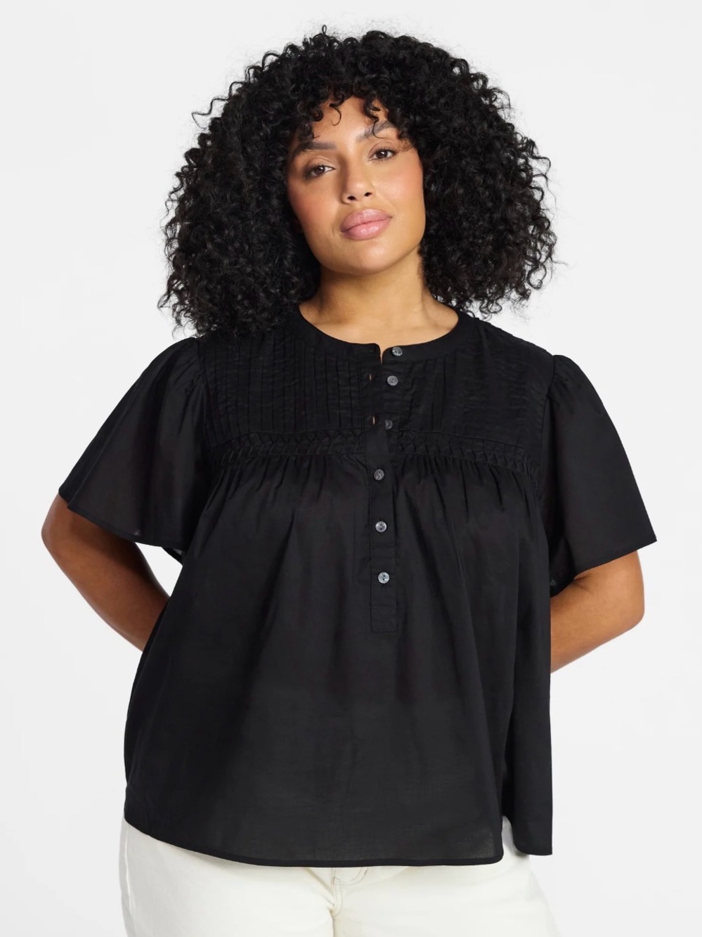 Terra & Sky  Black Pintuck Button-Front Flutter Sleeve Blouse